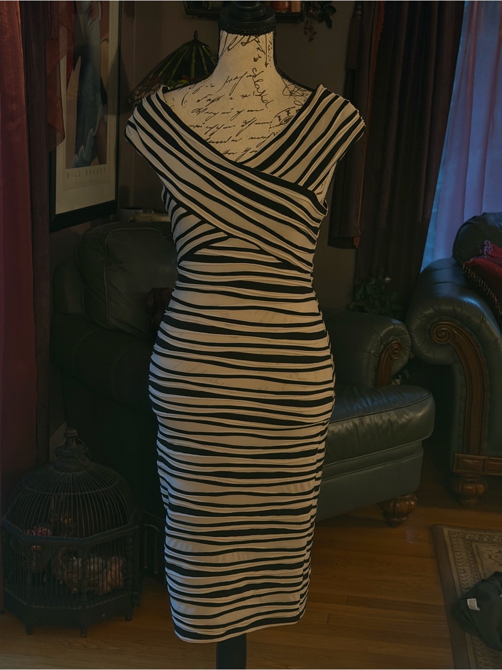 Lette U.S.A. Y2K Bandage Bodycon Dress | Black & Cream Striped Crisscross Midi |